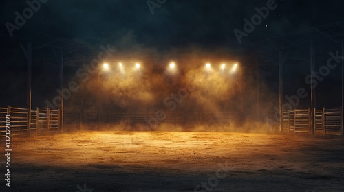 Dusty arena at night, illuminated by spotlights.