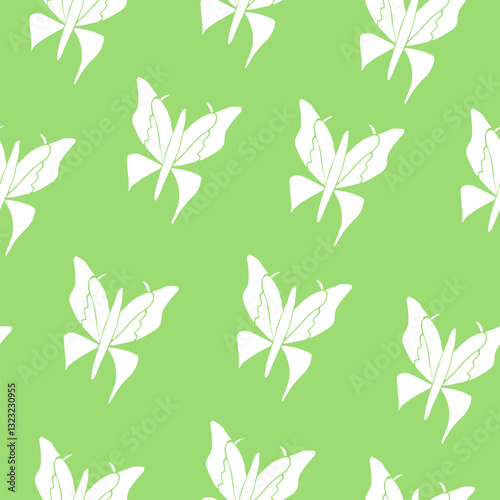 Seamless pattern of white butterflies on a green background