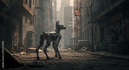 Cyberpunk Canine in a Desolate Cityscape: A Futuristic Robot Dog Roams the Ruins of a Post-Apocalyptic Urban Environment