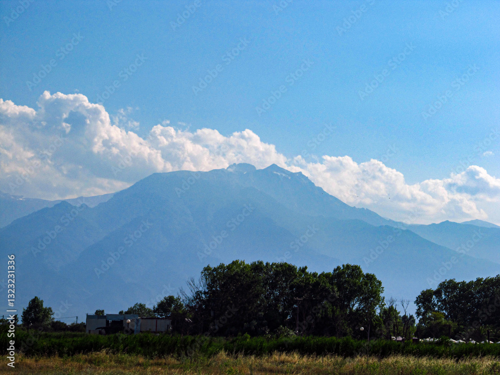 View to the mountain Olympus with clouds