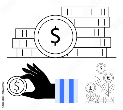 Hand holding coin, money stacks, and plants with currency symbols growing on them. Ideal for finance, investment, savings, economic growth, wealth management, entrepreneurship flat simple metaphor