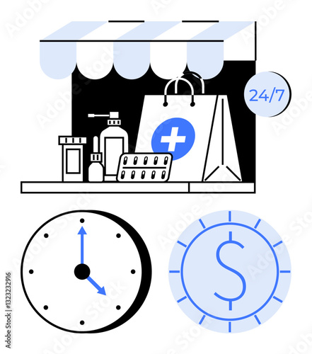 Digital pharmacy setup with medication, shopping bag, clock indicating 247 service, and currency coin. Ideal for healthcare, e-commerce, time-saving, convenience, online shopping accessibility flat