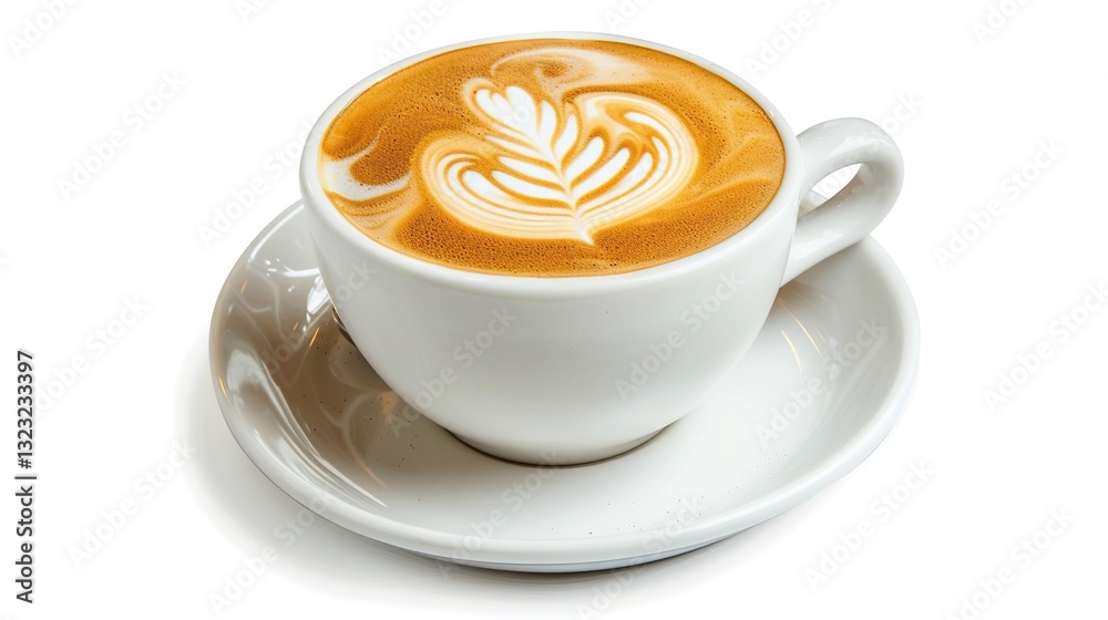 custom made wallpaper toronto digitalAn enticing cappuccino featuring exquisite latte art, perfectly isolated on a clean white background. The rich, frothy texture of the cappuccino combined with the beautifully crafted latte art creates