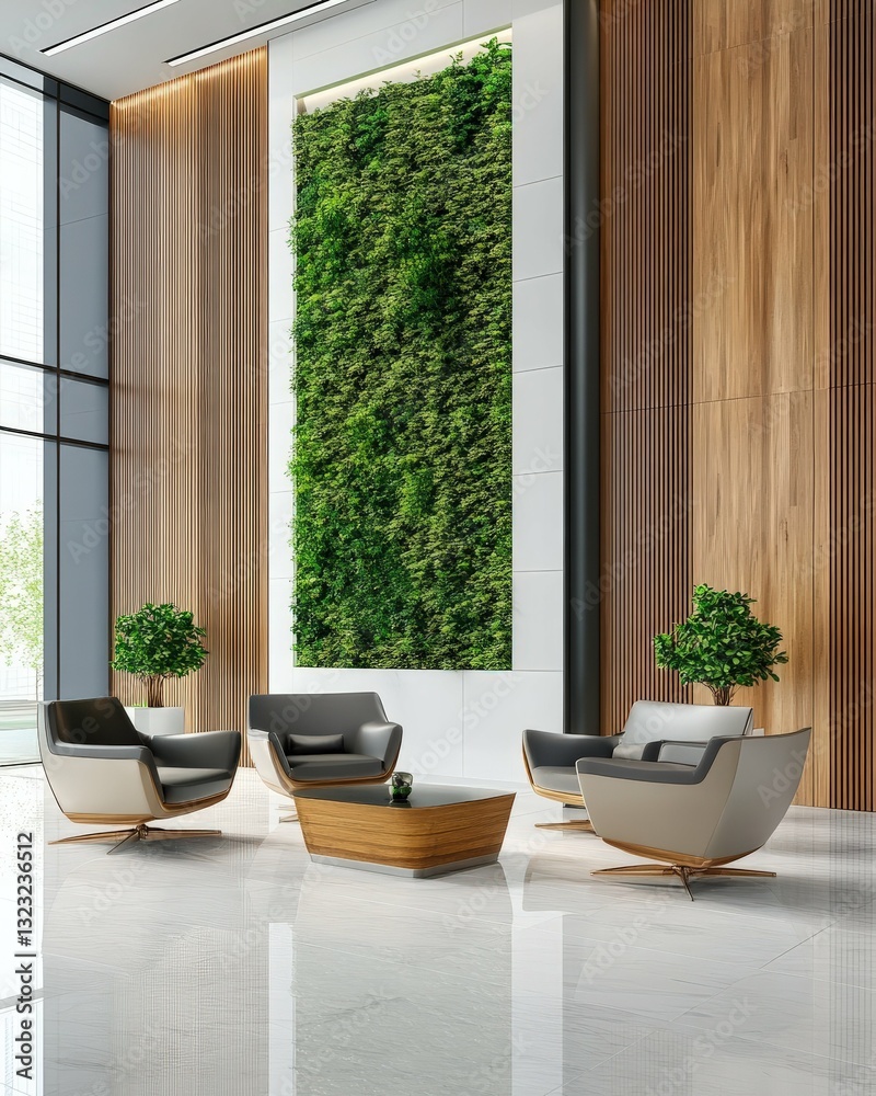 Fototapeta premium A modern office lobby with a green wall, sleek furniture, and minimalist indoor landscaping