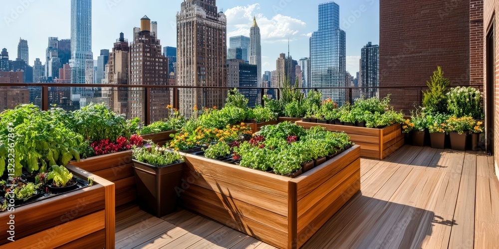 A rooftop urban garden with small raised planters, a wooden deck, and a breathtaking city skyline view A rooftop urban garden with small raised planters, a wooden deck, and a breathtaking city skyline view