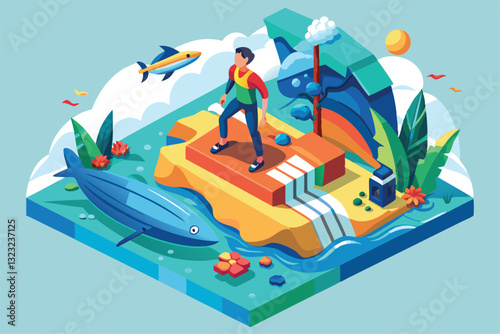 A surfer stands on a colorful platform, ready to catch waves, with fish swimming nearby in clear waters, Surfer Customizable Isometric Illustration
