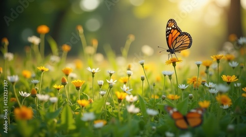 A lush green meadow filled with vibrant wildflowers, delicate butterflies fluttering in the warm spring breeze, a picturesque and lively natural scene.