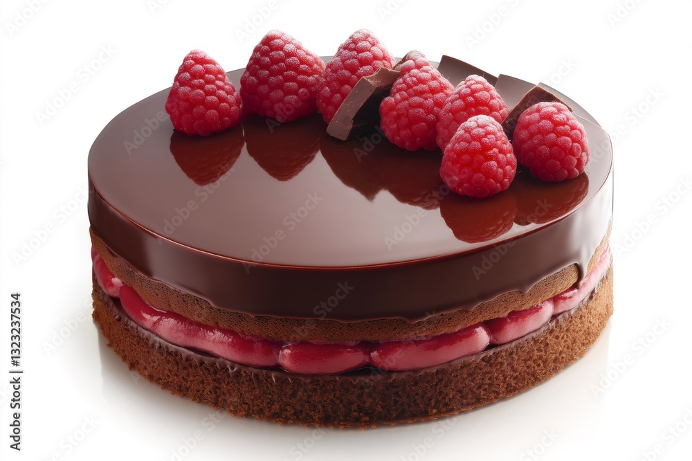 Rich chocolate cake featuring layers of smooth ganache, topped with fresh raspberries and chocolate pieces, offering a luxurious dessert experience Rich chocolate cake featuring layers of smooth ganache, topped with fresh raspberries and chocolate pieces, offering a luxurious dessert experience