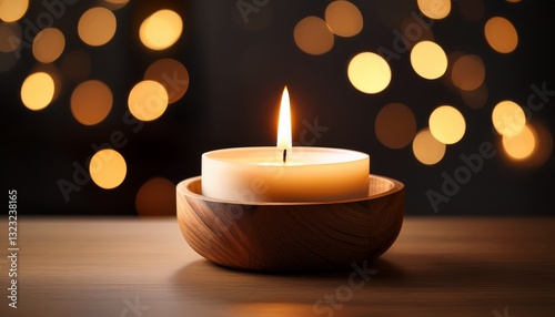 single candle flame in wooden holder with warm bokeh lights on dark background creating peaceful ambiance photo