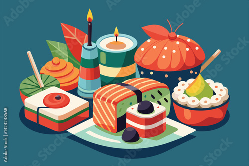 A vibrant cake decorated like sushi rolls, complete with colorful toppings and candles, ready for a celebration, Sushi and rolls, cake with candle,