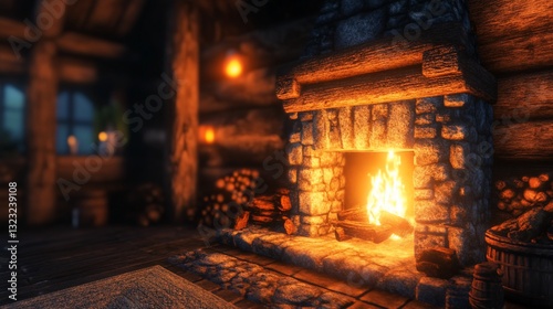 Cozy cabin interior with warm fireplace  wood logs  and rustic decor.