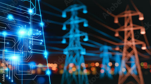 Power Grid Innovation: A striking visual of high voltage power lines and a digital circuit board overlay. The scene captures the essence of technological progress and energy infrastructure.