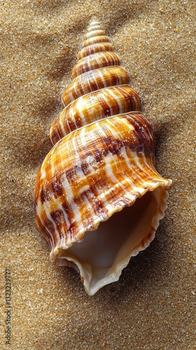 Elegant Spiral Seashell in Golden Sand a Natural Masterpiece of Coastal Beauty and Oceanic Wonder photo
