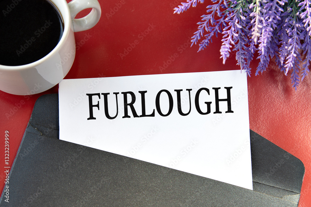 Ταπετσαρία FURLOUGH - the word on white paper are on a black envelope on a red background