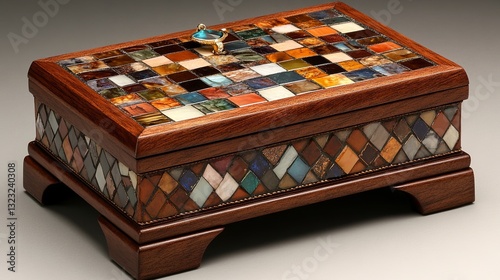 A handcrafted jewelry box with a mosaic of gemstones inlaid on the lid digital
