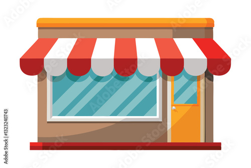 A charming sweet shop features a red and white striped awning, inviting customers with bright windows, sweet shop awning vector flat minimalistic isolated illustration