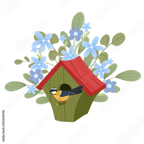 Nesting wooden bird house with a tit bird vector illustration isolated on white background. Handcrafted spring bird house with colorful flowers for spring greeting card, summer decor, print, sticker