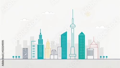 Wallpaper Mural A colorful, minimalist skyline illustration featuring various buildings and structures, including a tower, with clouds and trees in the foreground. Torontodigital.ca