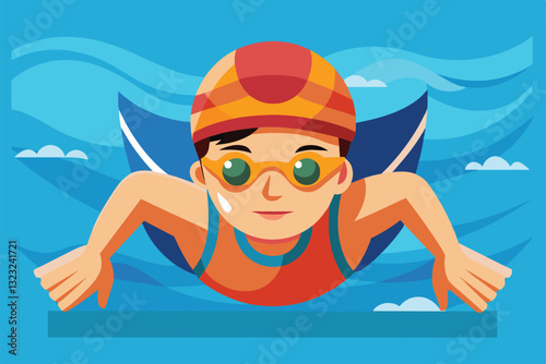 A young swimmer wearing goggles and a cap glides effortlessly through the water, enjoying the sport, Swim Customizable Cartoon Illustration