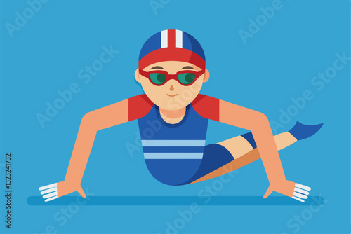 A swimmer in a colorful outfit prepares to dive into the water, showcasing athleticism and excitement, Swim Customizable Flat Illustration