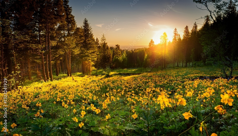 Obraz premium vibrant yellow flowers blooming in a lush forest at sunset creating a serene and picturesque scene