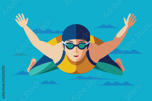 A swimmer in a yellow swimsuit dives into calm blue waters with outstretched arms, showcasing skillful technique, Swim Customizable Semi Flat Illustration