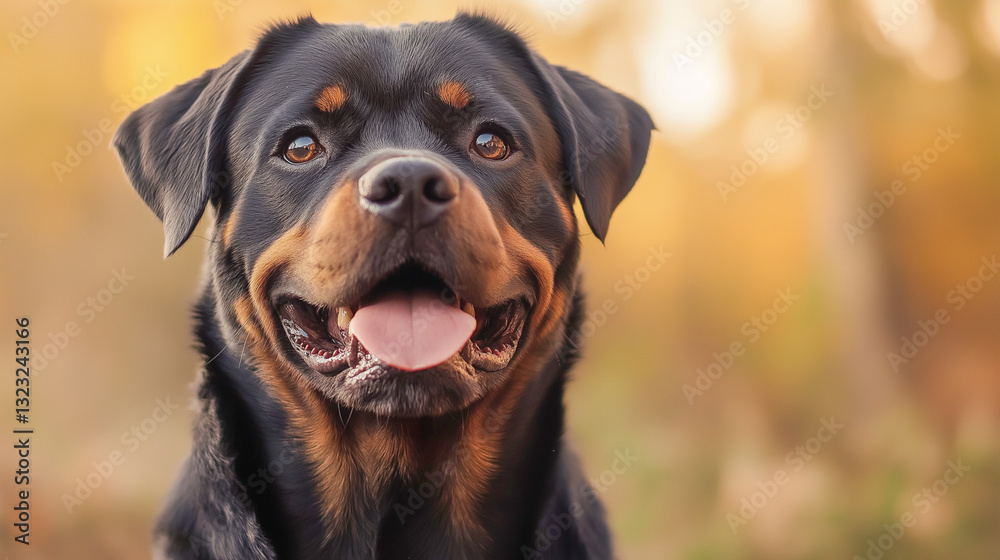 Obraz premium Rottweiler enjoys a sunny day outdoors with a joyful expression in a natural setting during autumn