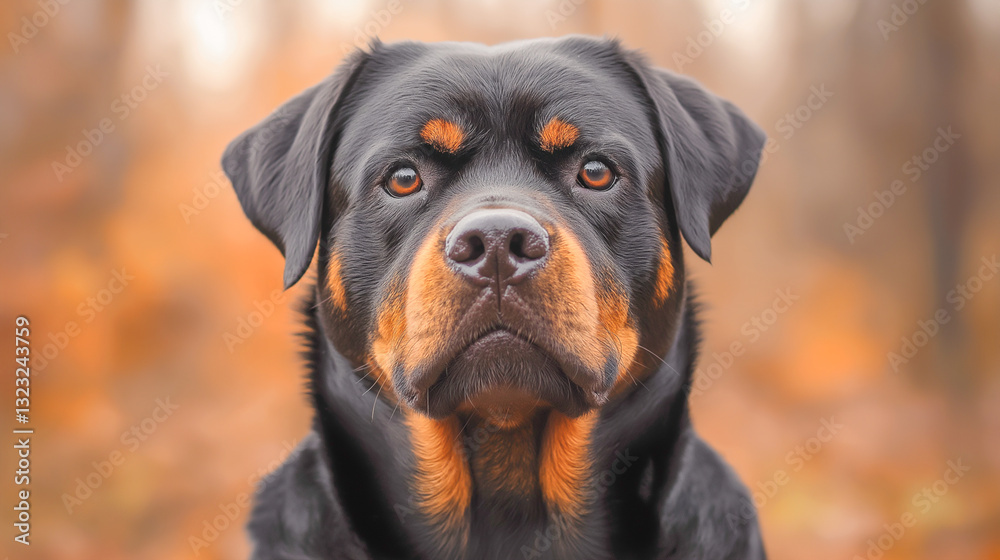 Rottweiler portrait with warm autumn tones in natural outdoor Rottweiler portrait with warm autumn tones in natural outdoor