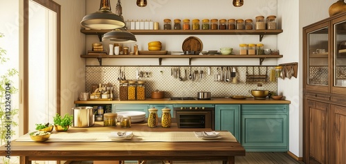 Sunlit Indian Kitchen Interior with Traditional Cooking Elements.