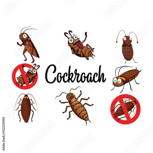 Cartoon Cockroach Icons Set, Cartoon Cockroach Icons Set for Pest Control and Educational Use