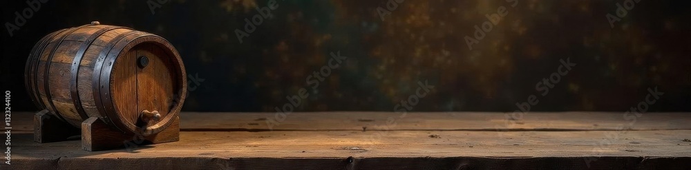 Aged oak barrel beside worn wooden table, rich tones , design, element, farmhouse Aged oak barrel beside worn wooden table, rich tones , design, element, farmhouse