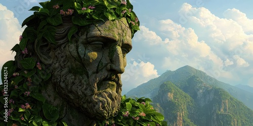 A giant stone statue covered in greenery gazes over mountains under a bright sky, blending nature and artistry.