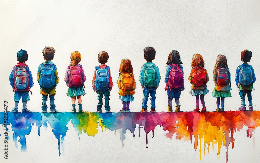 Naklejka premium Children waiting at the edge in a whimsical watercolor scene, perfect for capturing the essence of childhood, education themes, and playful events.