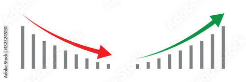 Graph going Up and Down sign with green and red arrows. sales bar chart icon symbol with arrow moving up and  arrow moving down Flat design. Graph rise and fall business icon vector illustration.