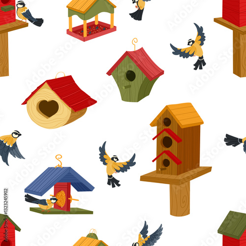 Various wooden birdhouses and flying tit birds vector seamless pattern. Bird home hand drawn cartoon print for spring decor, design of gift packaging and textile
