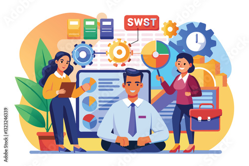 A creative cartoon depicting a team engaging in a SWOT analysis for effective business planning, Swot analysis Customizable Cartoon Illustration