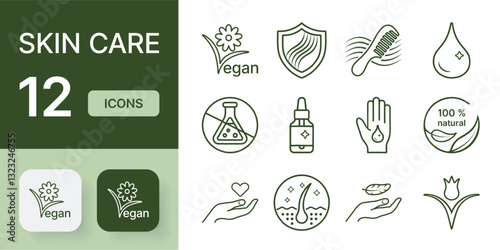 12 Vector Icons Depicting Skin Care Themes With a Focus on Vegan and Natural Products. Leaves, Droppers, Shields, Hands and More