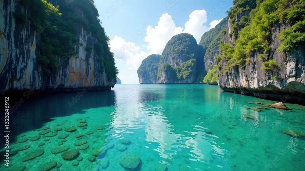 Obraz premium A serene coastal lagoon with crystal-clear waters, encircled by towering limestone cliffs. Sunlight reflects off the calm surface, enhancing the tropical paradise ambiance.