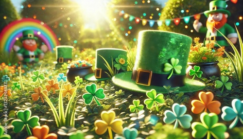 St. Patrick’s Day fantasy garden filled with clovers, green top hats, gold coins, a rainbow, and festive decorations under glowing sunlight

