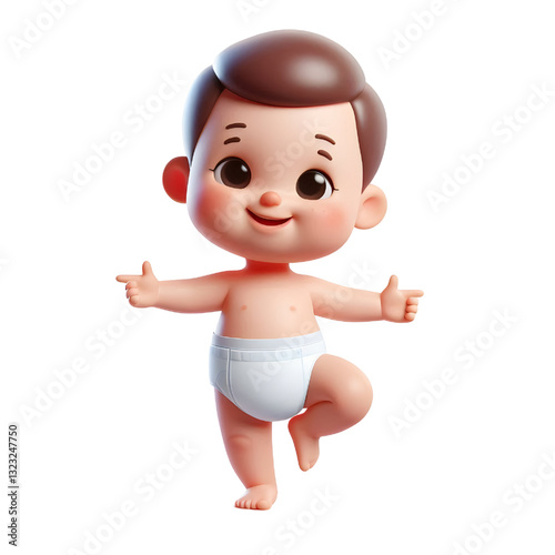 Cute baby character wearing diaper standing on one leg 3d with smiling face isolated on white background