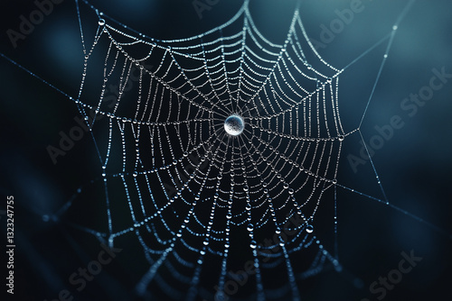 Wallpaper Mural Centers on mesmerizing craftsmanship of a celestial spiderweb embellished with a glistening dewdrop, unveiling ethereal filaments, luminescent droplet, and harmonious alliance between arachnid Torontodigital.ca