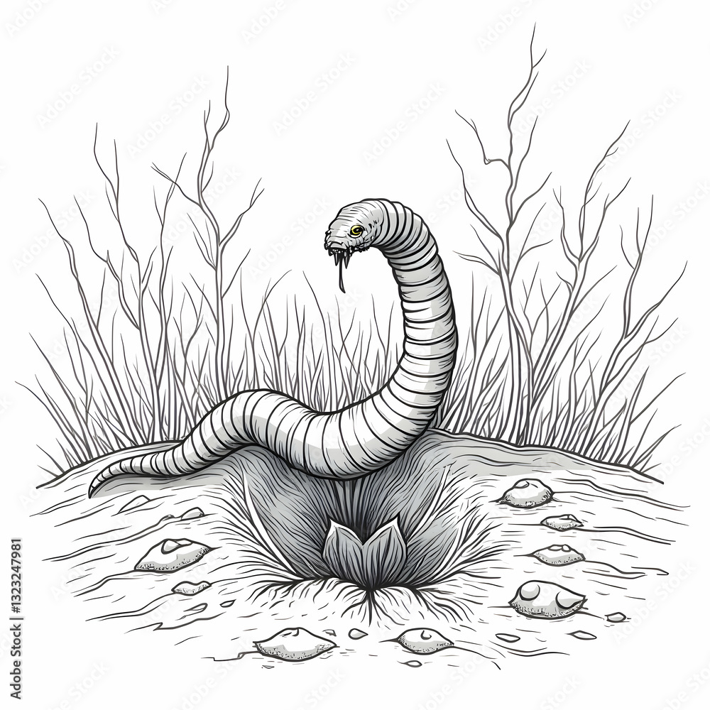Earthworm burrowing in soil, line art illustration