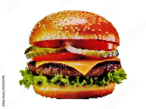 Burger in retro halftone style. An AI image was used as input.