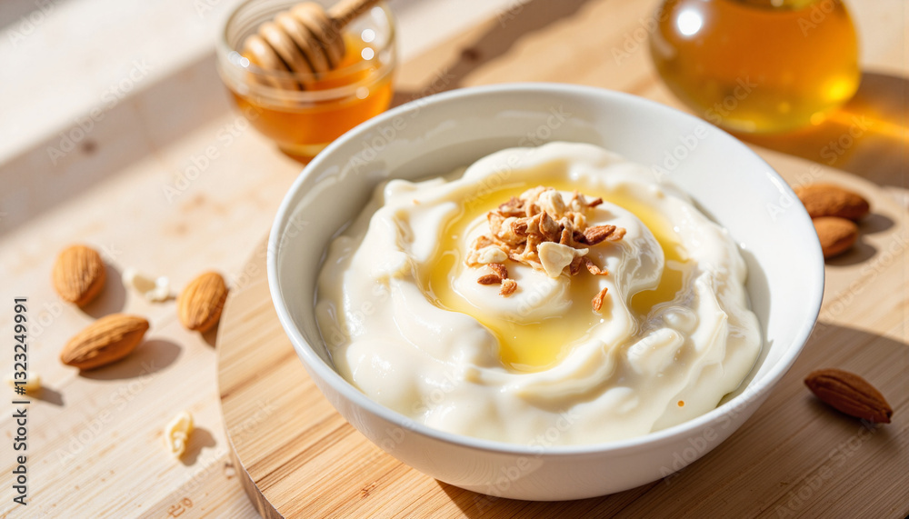 Creamy Greek yogurt with honey and almonds on wooden table, breakfast delight Creamy Greek yogurt with honey and almonds on wooden table, breakfast delight