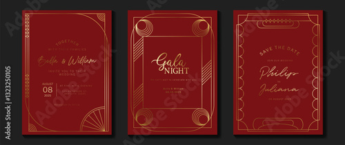 Luxury invitation card background vector. Elegant classic antique design, gold lines gradient on red background. Premium design illustration for gala card, grand opening, art deco.