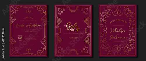 Luxury invitation card background vector. Elegant classic antique design, gold lines gradient on red background. Premium design illustration for gala card, grand opening, art deco.