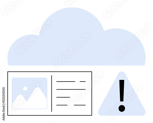 Cloud graphic above a document with image and text layout, alongside a warning triangle icon. Ideal for data security, cloud storage, file management, data breach, technology issues, cautionary