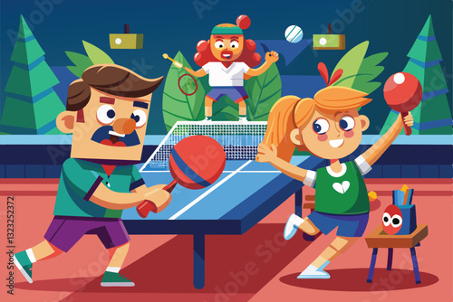 Two friends eagerly play table tennis at a vibrant indoor facility, with lively characters and colorful decor, Table tennis Customizable Cartoon Illustration