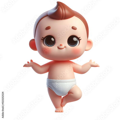 Cute baby character wearing diaper standing on one leg 3d with smiling face isolated on white background