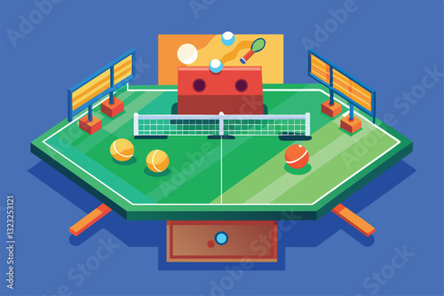 A colorful table tennis setup features paddles, balls, and a net ready for an exciting match, Table tennis Customizable Flat Illustration